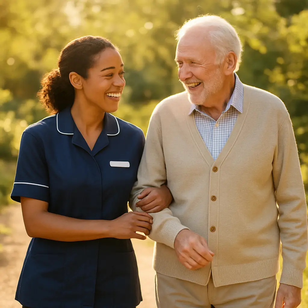 A caregiver walking arm-in-arm with an elderly man through a sunlit garden