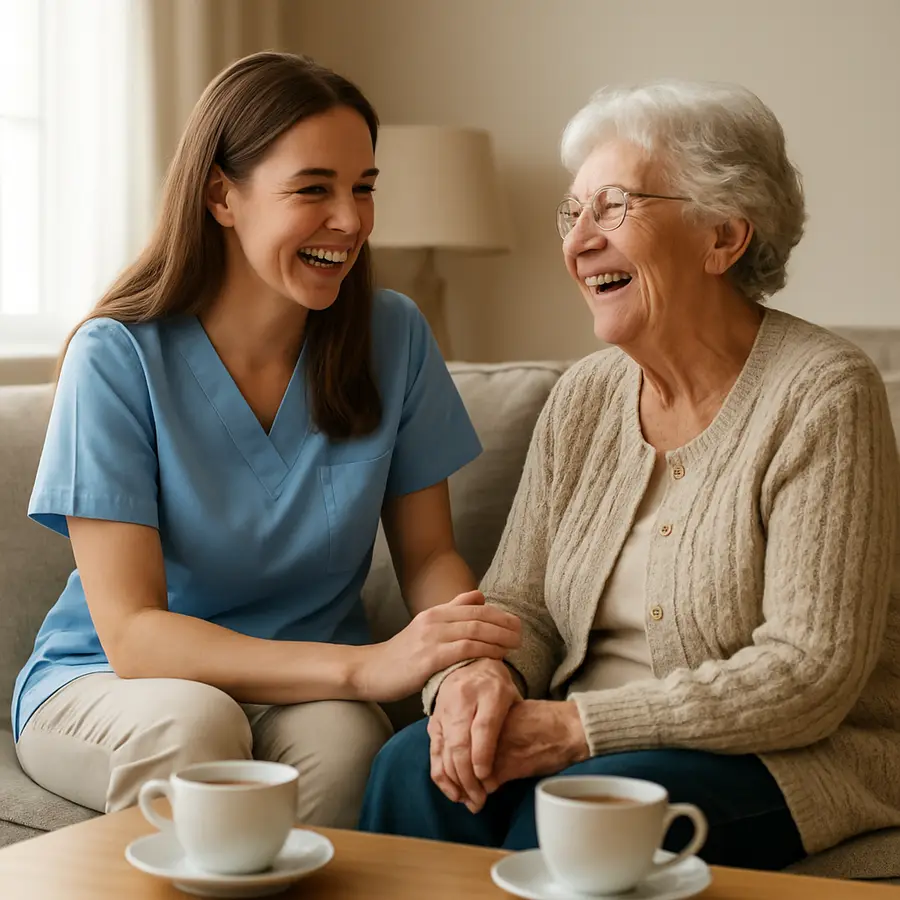 A care worker sharing a warm moment with a client