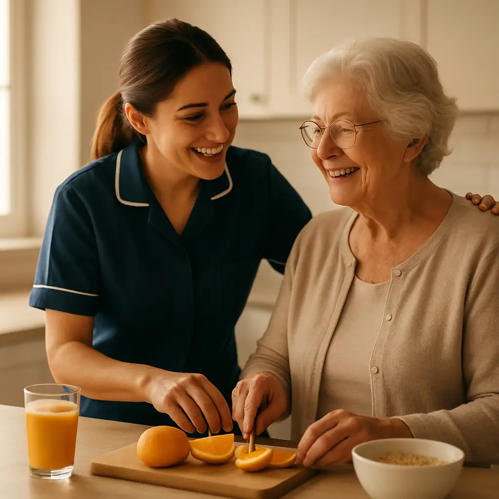 A home care worker helping an elderly woman prepare breakfast in a sunlit kitchen